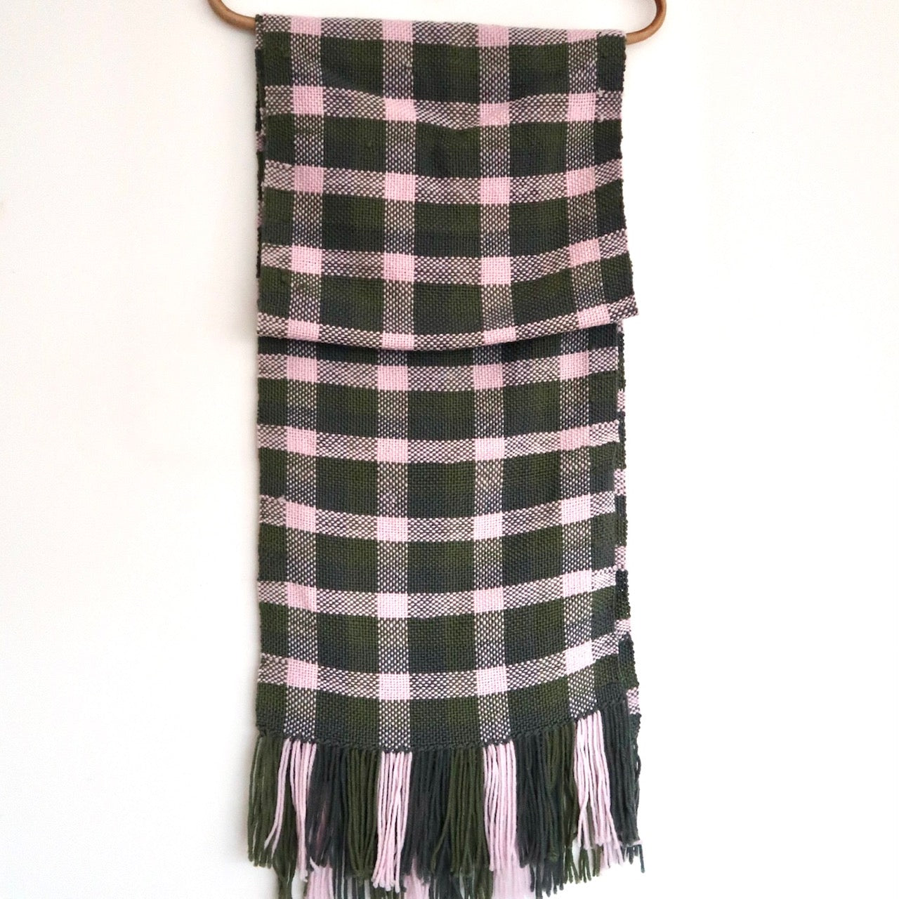 Pink Green Plaid Handwoven Wool Scarf (studio second)